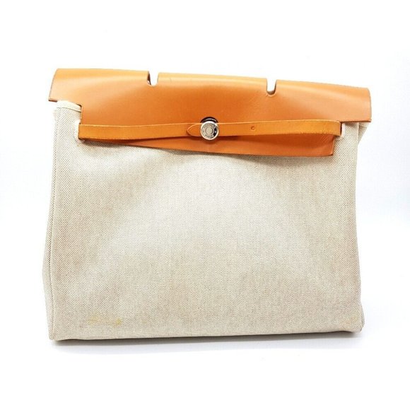 HERMES 2WAY Hand Bag HerbagMM Shoulder Bag Toile Officier/Leather Brown/Natural - Picture 1 of 12